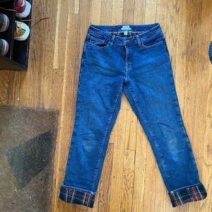L l bean flannel lined jeans, with roll up plaid hem